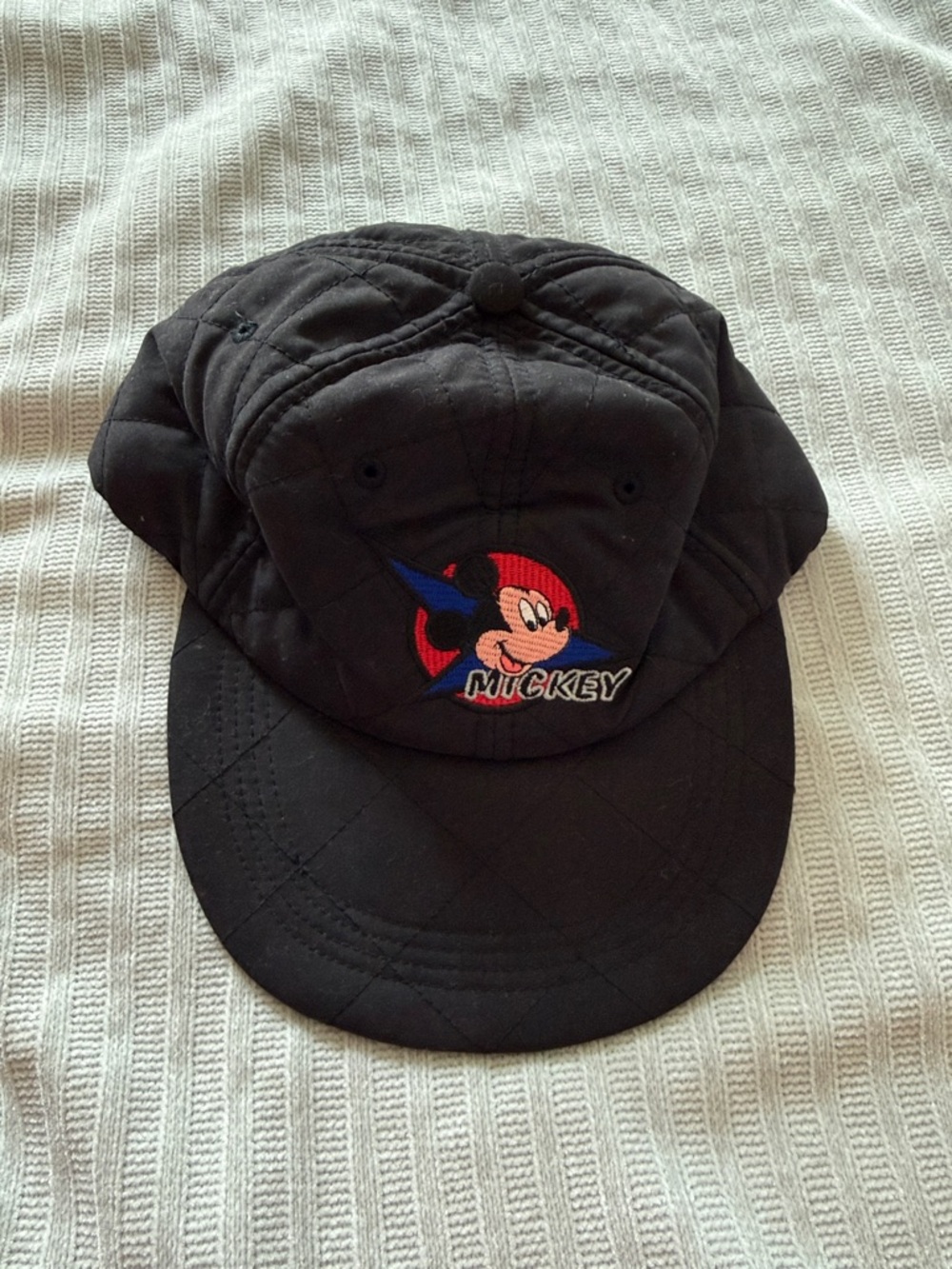 Vintage Black Quilted Baseball Cap with Mickey Mouse Embroidery